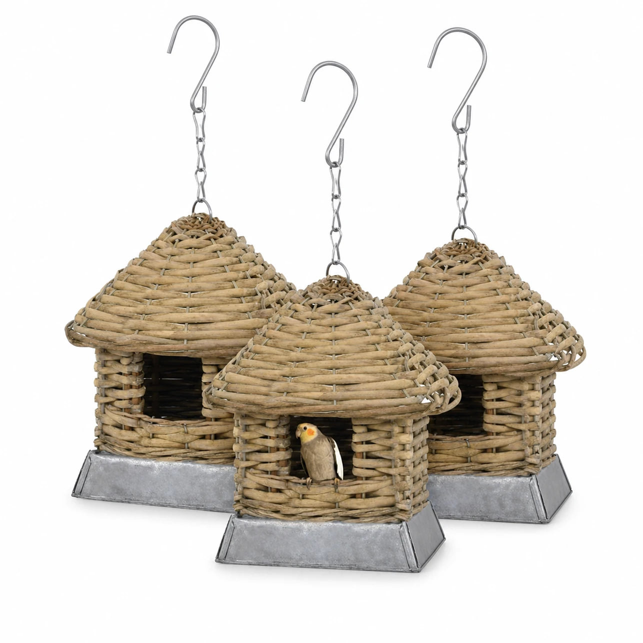 Set van 3 vogelhuisjes hangend van wilg met dak kegelvormig — foto 3