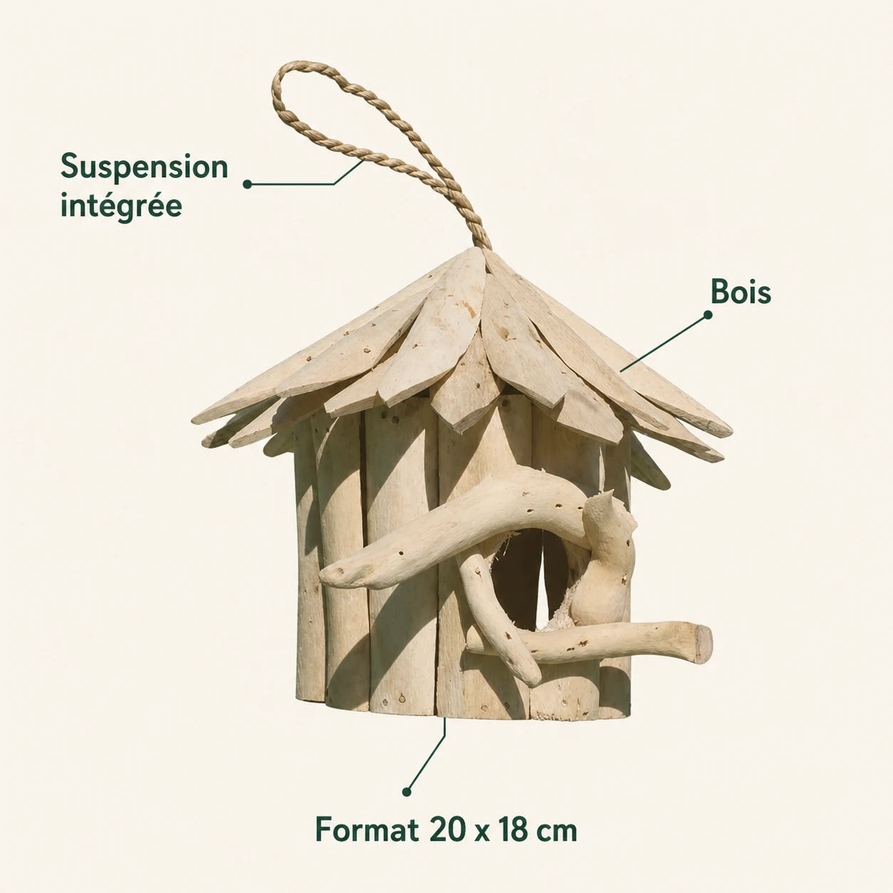 Vogelhuisje rond van hout van albesia 20 x 18 cm — foto 4