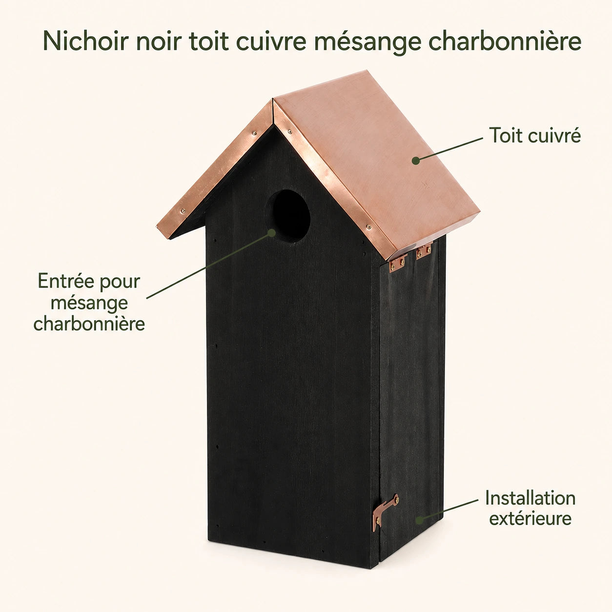 Vogelhuisje zwart met dak koper hoogte 30 cm — foto 4