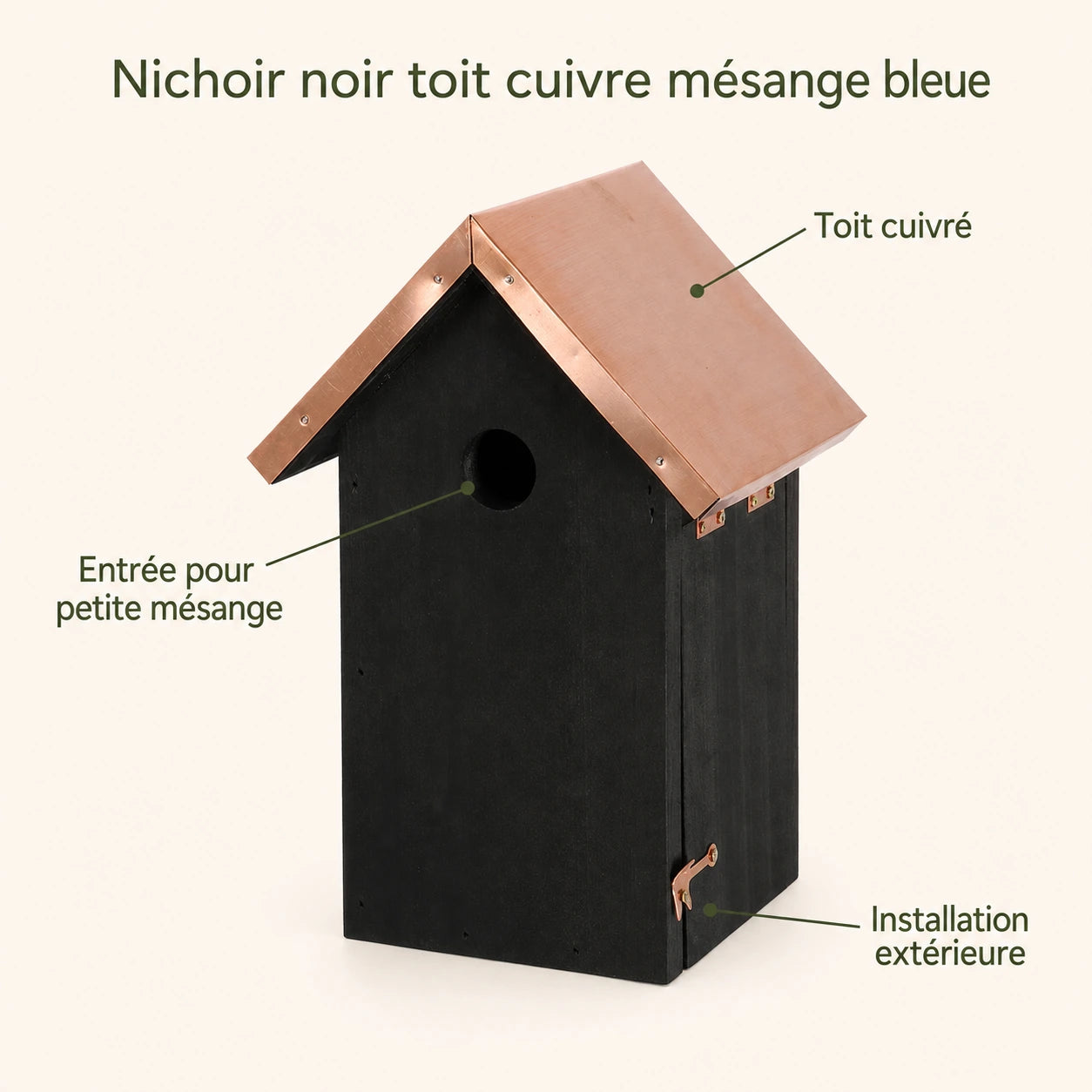 Vogelhuisje zwart met dak koper hoogte 26 cm — foto 4