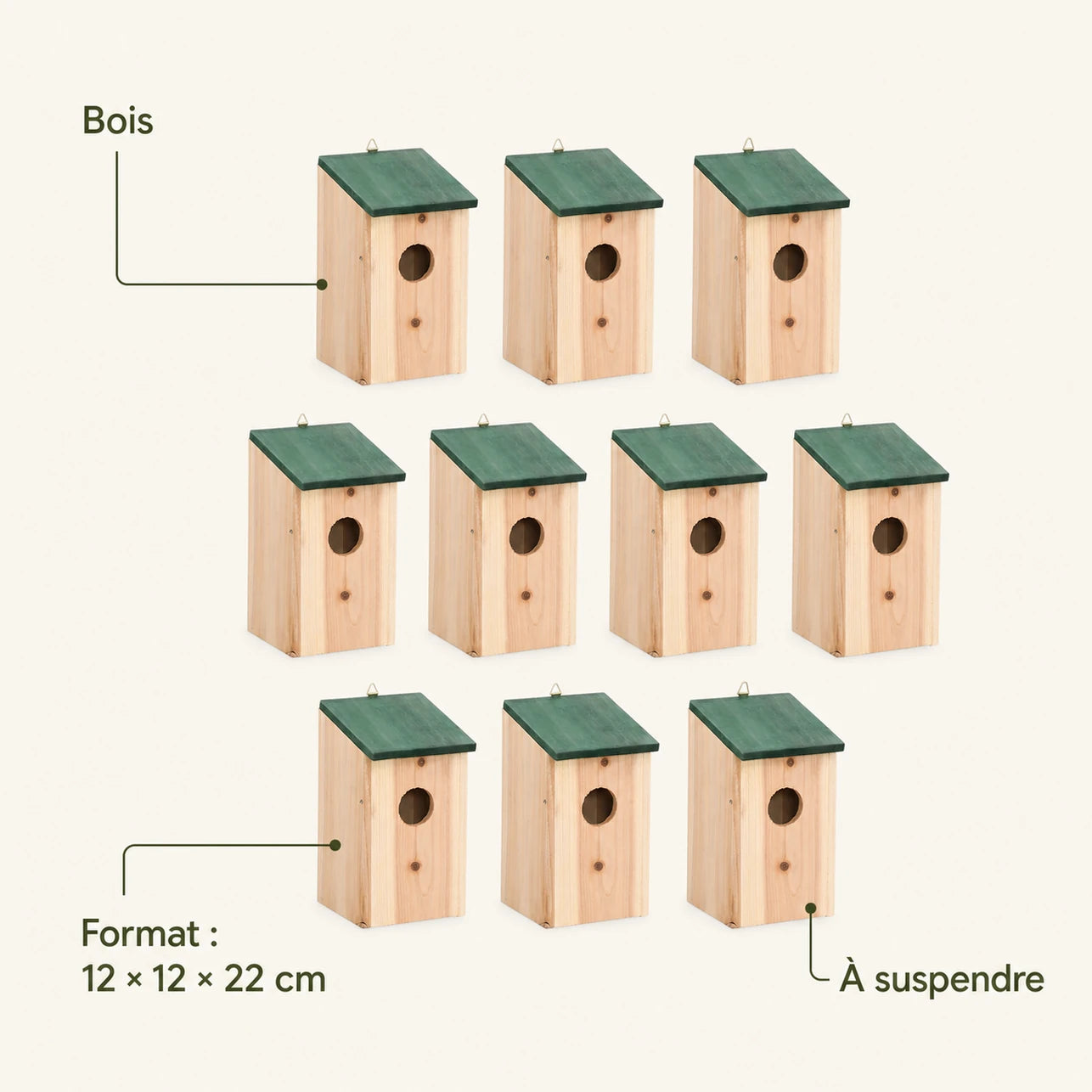 Set van 10 vogelhuisjes van spar groen formaat 12 × 12 × 22 cm — foto 4