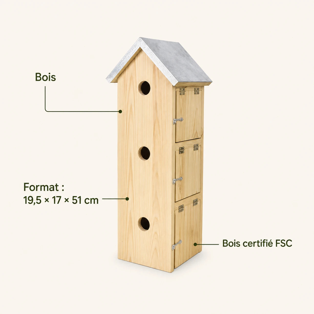 Vogelhuisje met meerdere vakken van grenen met zinken dak formaat 19,5 × 17 × 51 cm — foto 4
