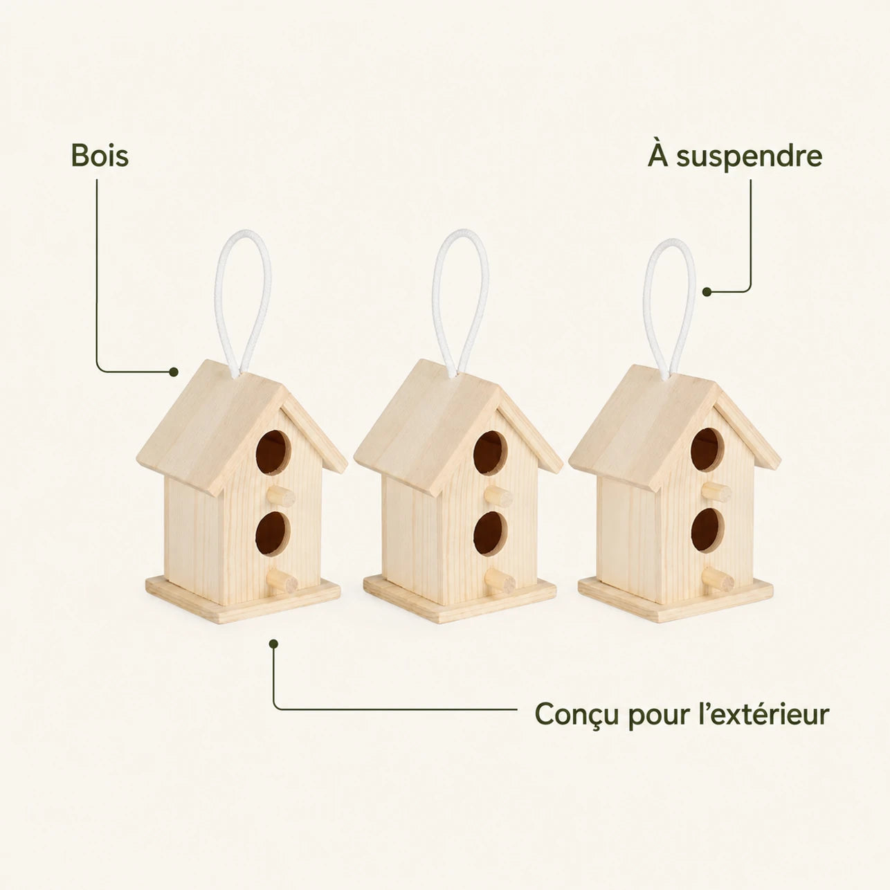 Set van 3 vogelhuisjes van hout beige — foto 4