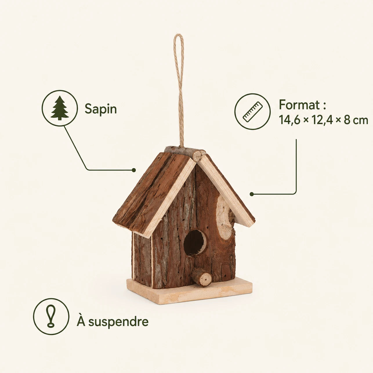 Hangend vogelhuisje van spar formaat 14,6 × 12,4 × 8 cm — foto 4