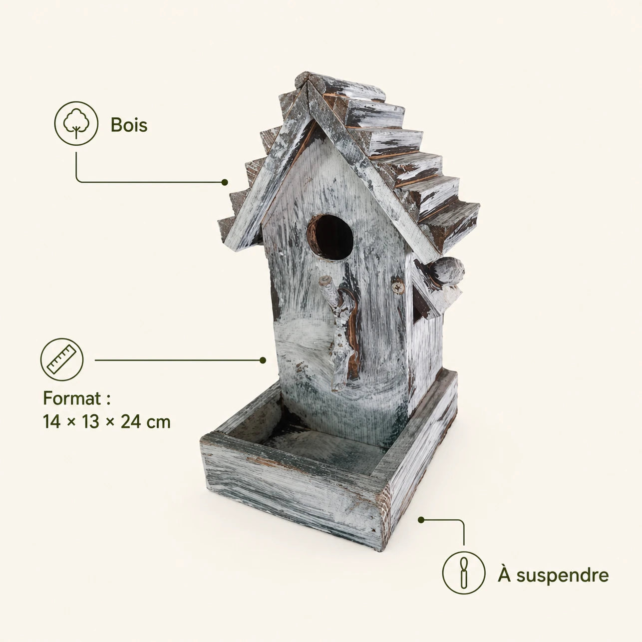 Houten vogelhuisje grijs formaat 14 × 13 × 24 cm — foto 4