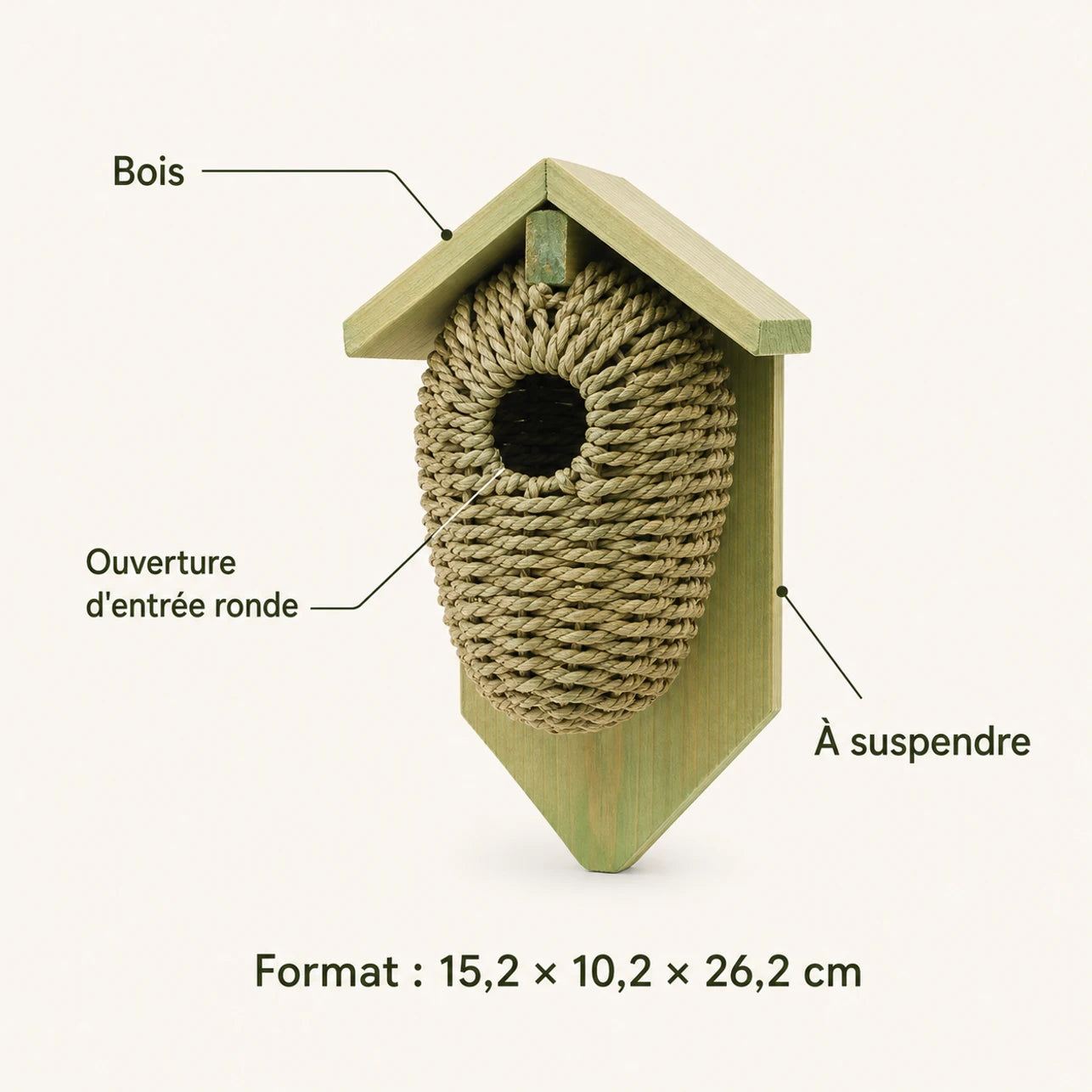 Houten vogelhuisje en seagrass groen formaat 15,2 × 10,2 × 26,2 cm — foto 4