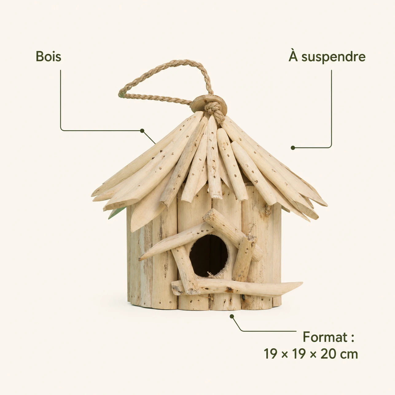 Hangend vogelhuisje van hout beige formaat 19 × 19 × 20 cm — foto 4