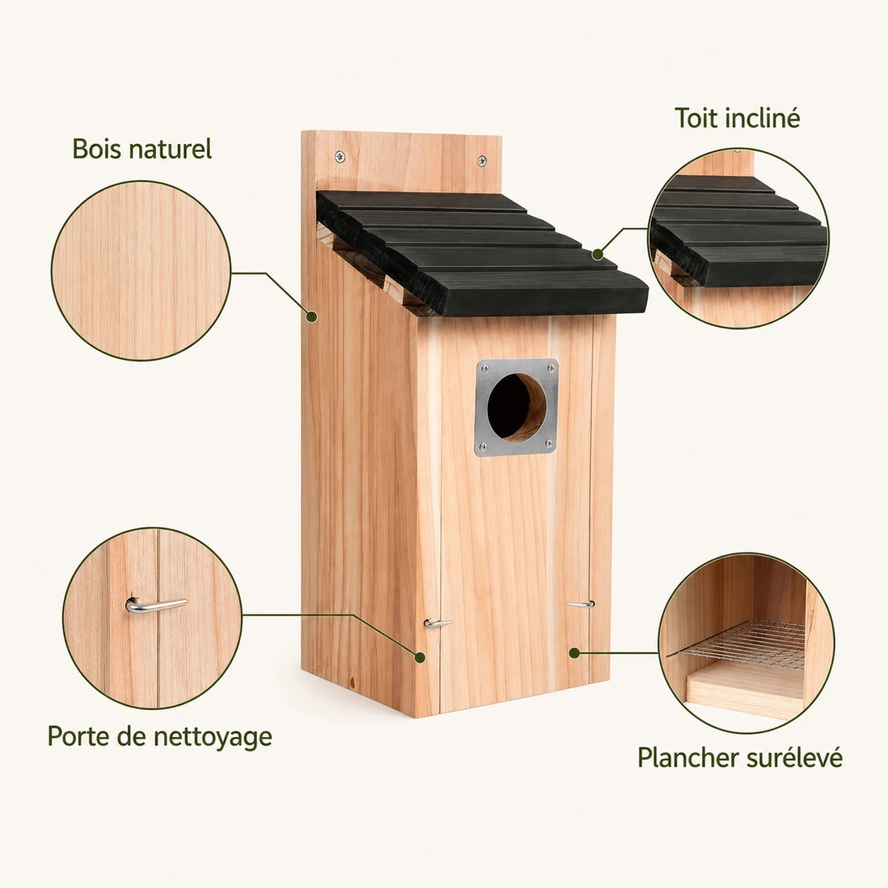 Houten vogelhuisje beige met dak zwart en ingang metaal — foto 4
