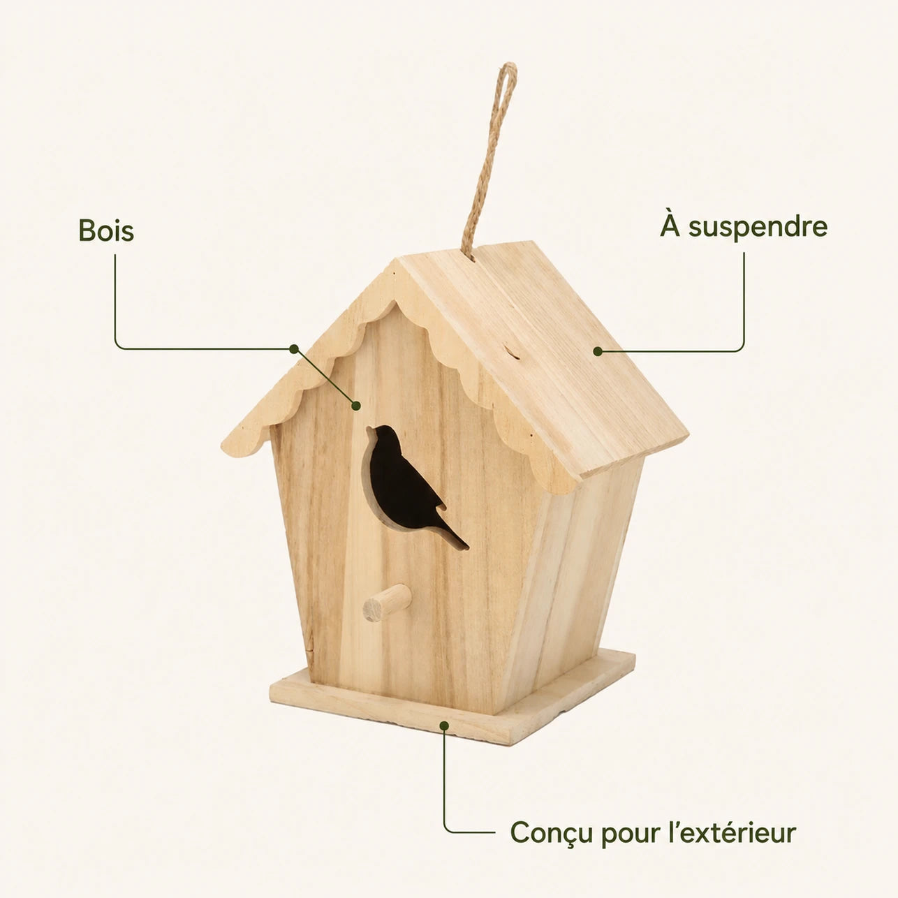 Houten vogelhuisje met dak geschulpt en voorkant cut-out — foto 4