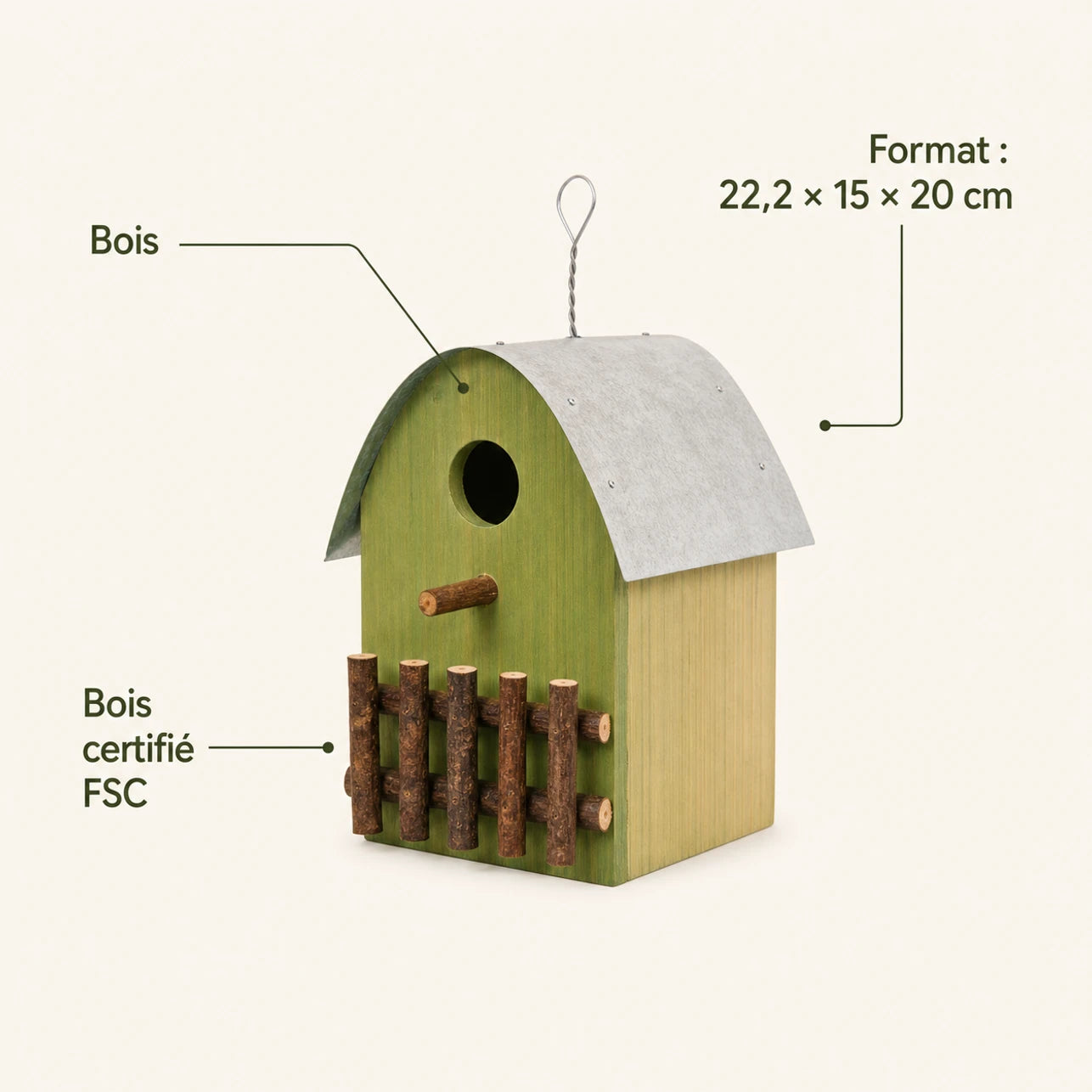 Houten vogelhuisje groen formaat 22,2 × 15 × 20 cm — foto 4