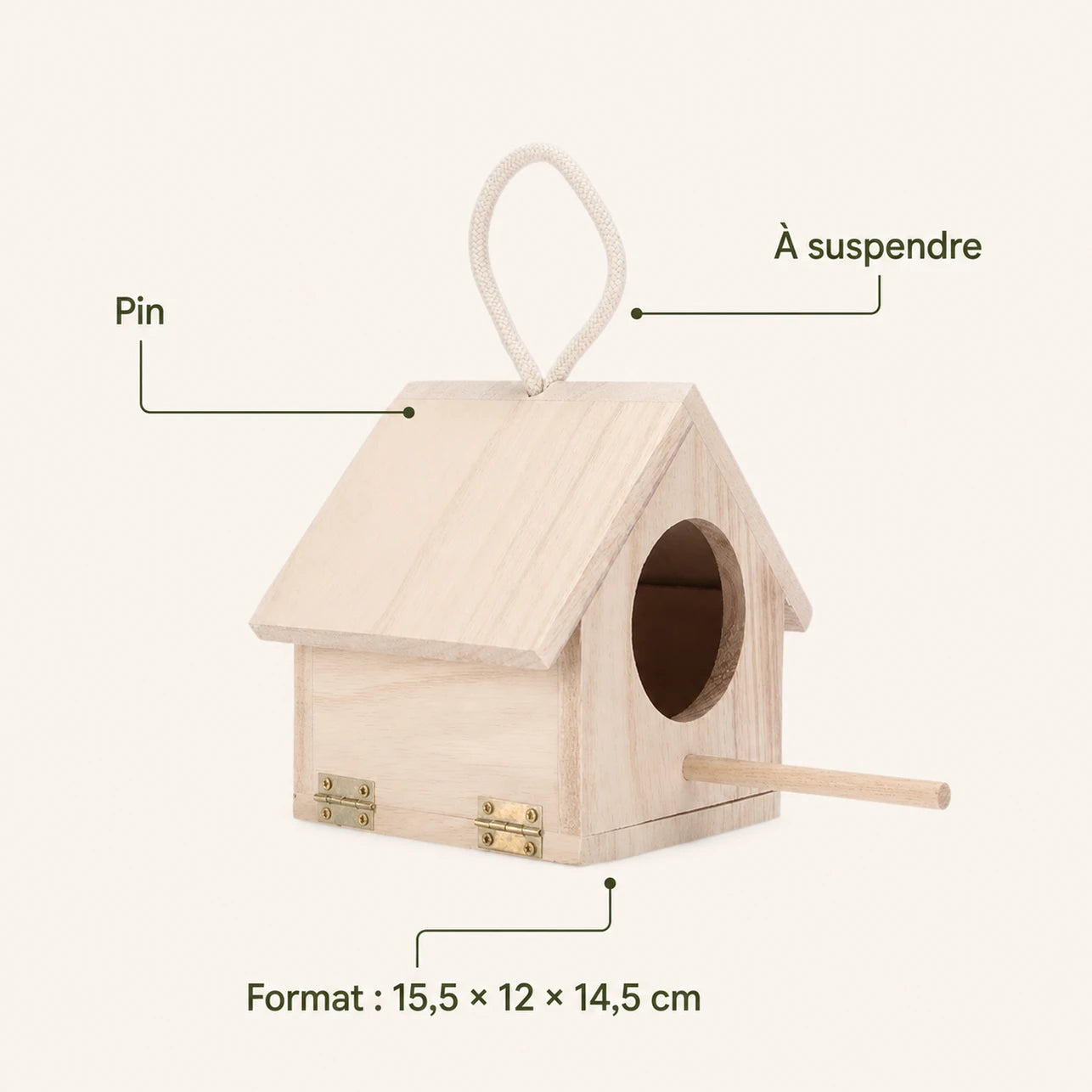Hangend vogelhuisje van grenen natuurlijk formaat 15,5 × 12 × 14,5 cm — foto 4