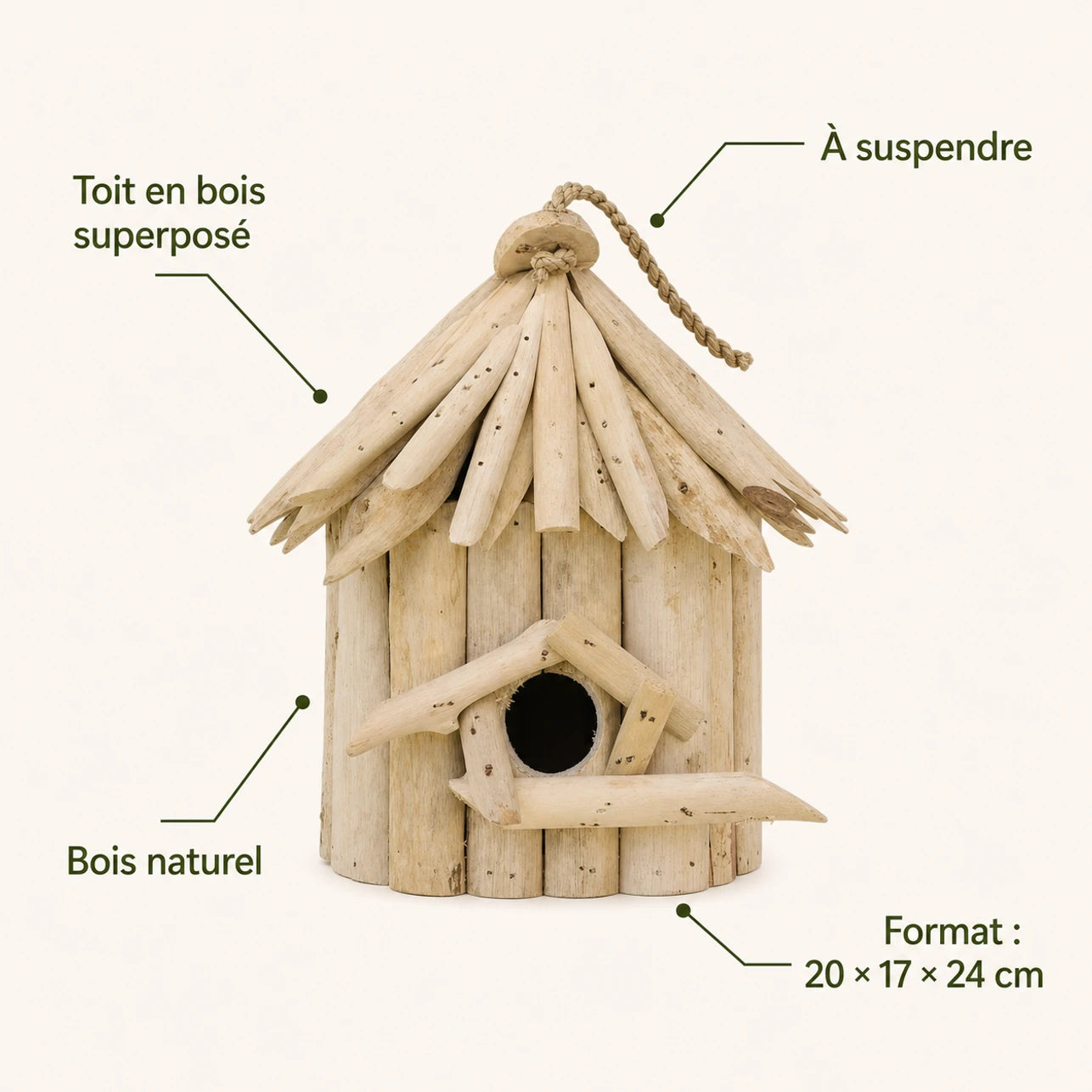 Hangend vogelhuisje van hout beige formaat 20 × 17 × 24 cm — foto 4