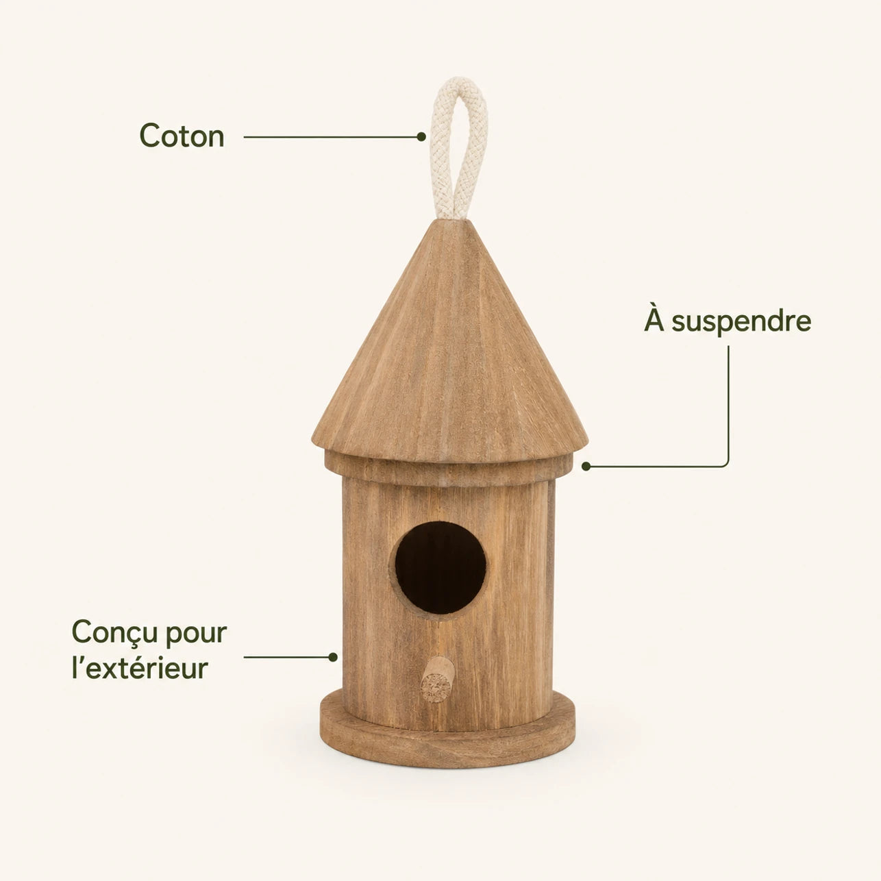 Hangend vogelhuisje cilindrisch van hout met dak kegelvormig — foto 4