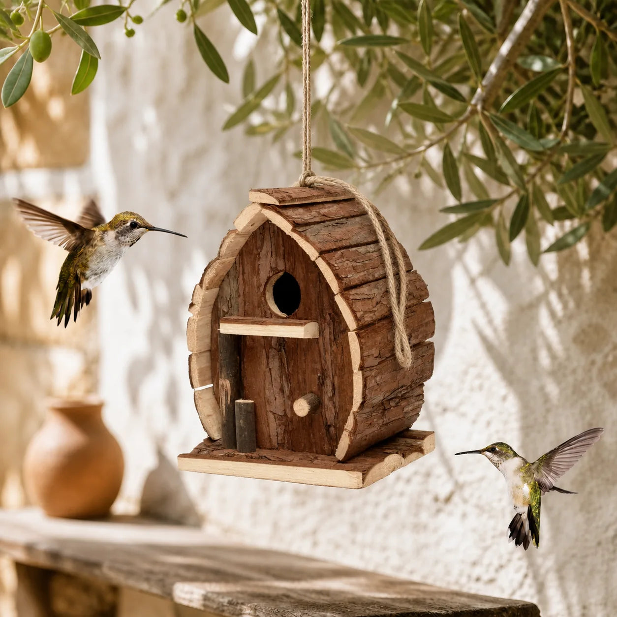 Rustiek met schors bekleed vogelhuisje in een tuin