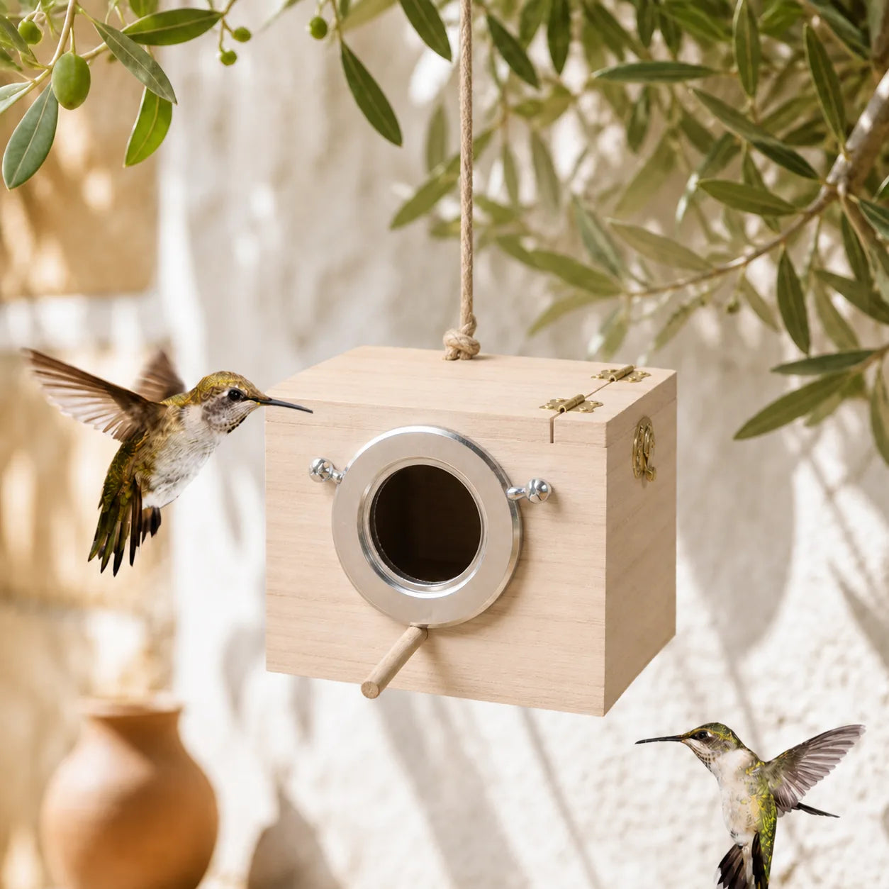 Houten vogelhuisje met een metalen rand rond de opening