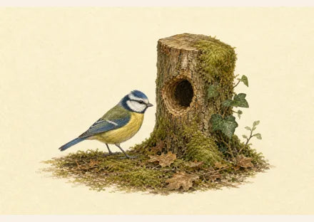 Pimpelmees die een natuurlijke boomholte onderzoekt