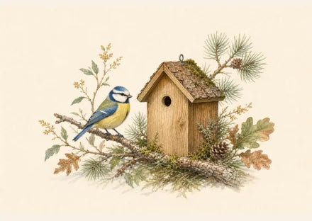 Pimpelmees voor een vogelhuisje met een kleine opening