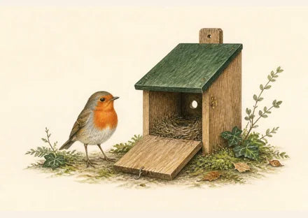 Roodborstje voor een halfopen vogelhuisje