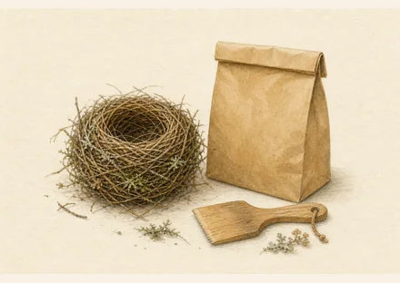 Oud nest en herfstbladeren naast schoonmaakmateriaal