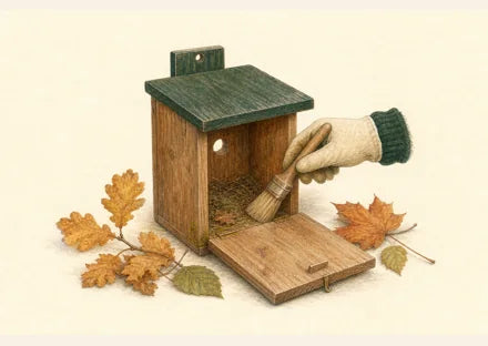 Open vogelhuisje dat in de herfst met een kleine borstel wordt schoongemaakt