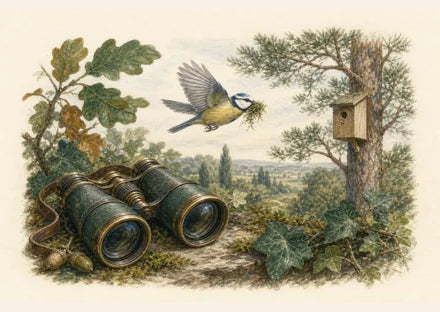 Mees met mos op weg naar een vogelhuisje, bekeken door een verrekijker