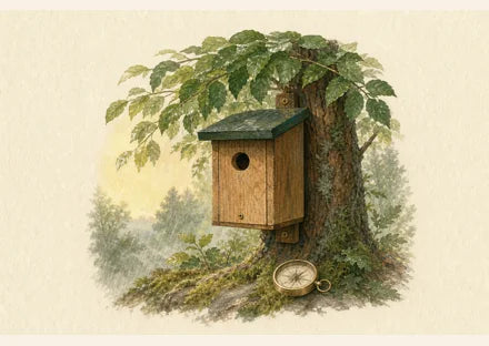 Vogelhuisje in zacht ochtendlicht, beschut tegen regen en naast een kompas