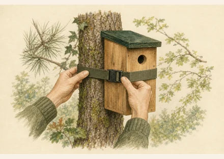 Houten vogelhuisje met een brede beschermende band aan een boom bevestigd