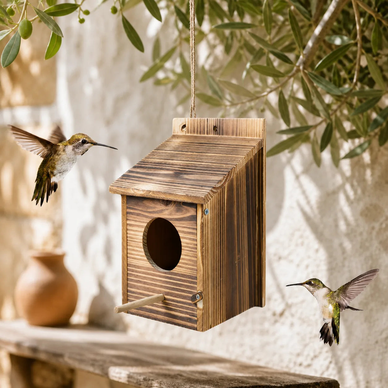 Gebrand houten vogelhuisje in een tuin